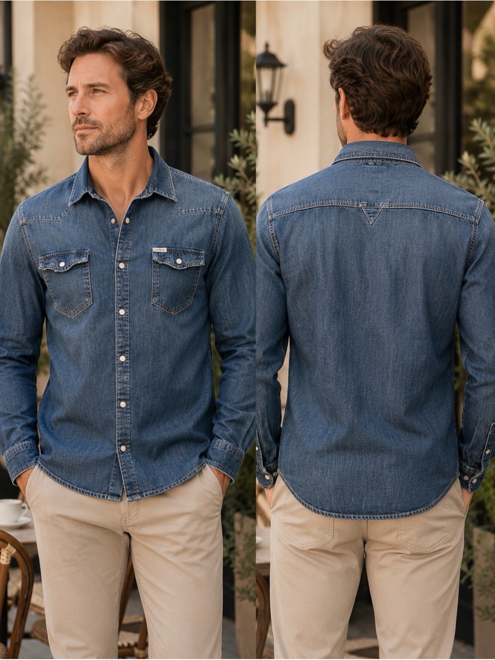 GUESS Men’s Slim Fit Stretch Denim Snap Shirt Blue Size Medium